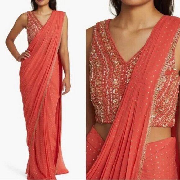 Sani Paprika Orange Zian Drape Saree 2 Piece Set - Picture 1 of 5